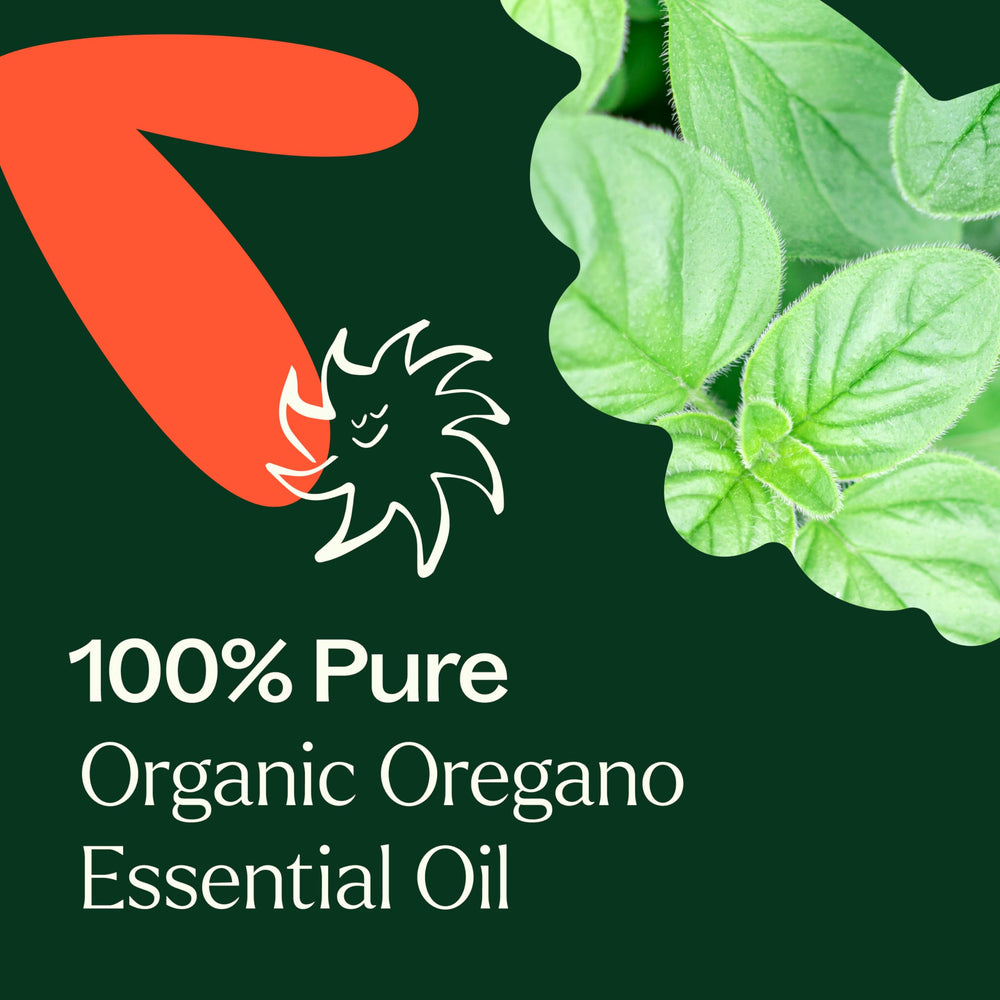 Close-up of oregano essential oil label on bottle
