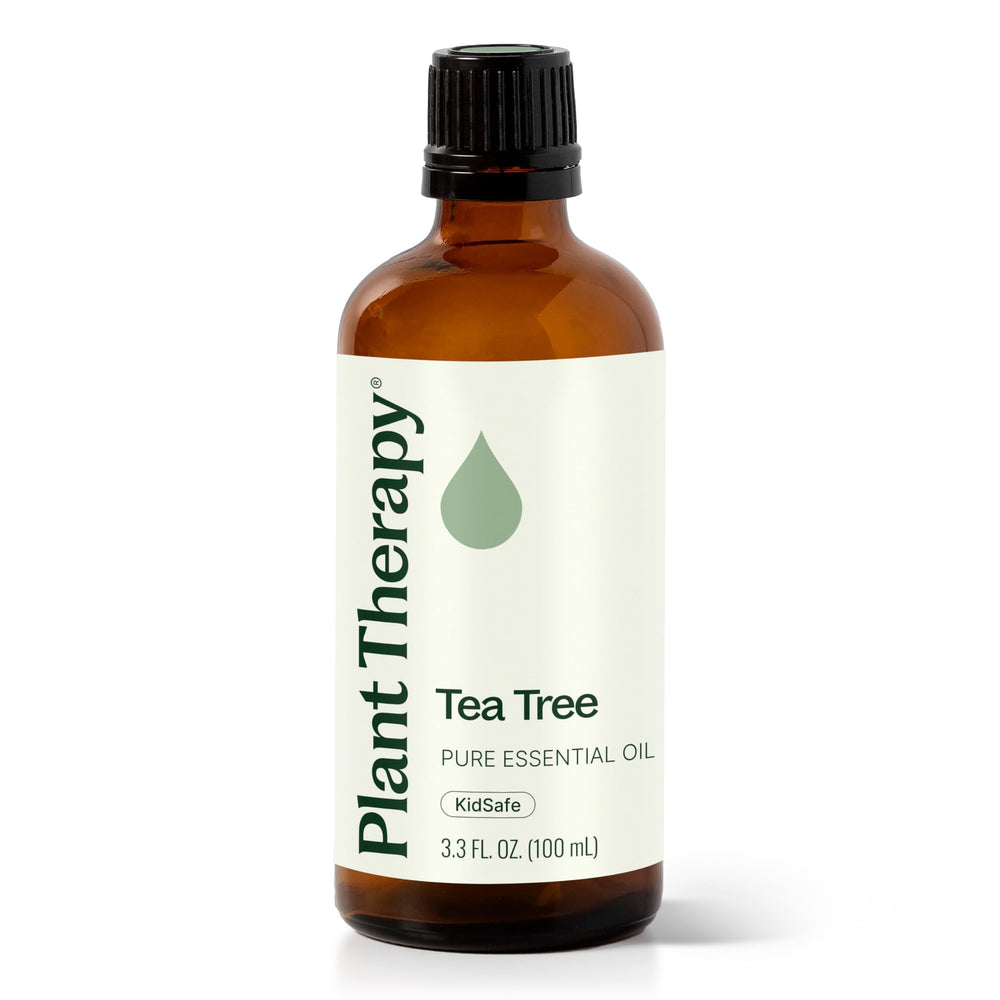 Plant Therapy Tea Tree Essential Oil bottle labeled 100 mL with cap