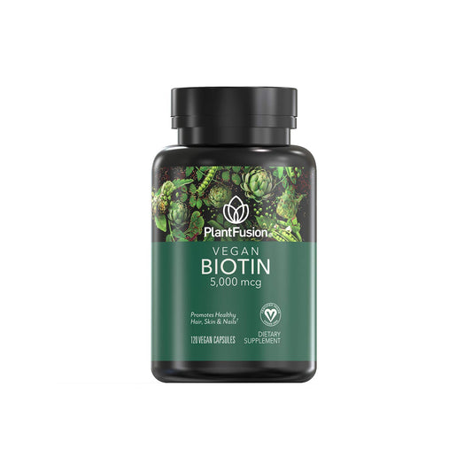 Bottle of PlantFusion Vegan Biotin 5000mcg with 120 vegan capsules