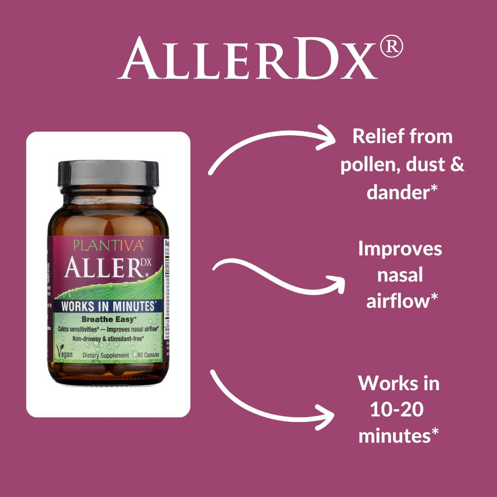 Plantiva AllerDx label detail, highlighting natural ingredients and plant-based formula.