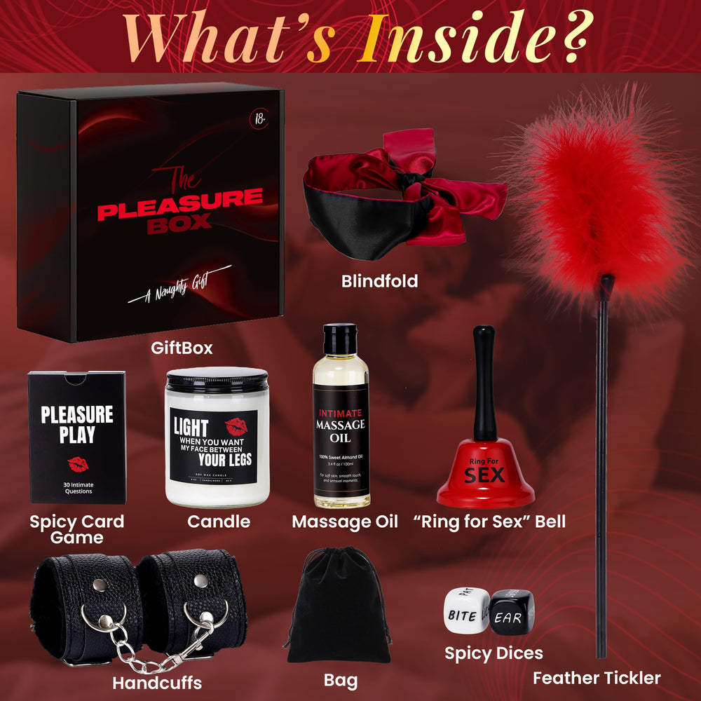 Open packaging of the Pleasure Box showing items inside.