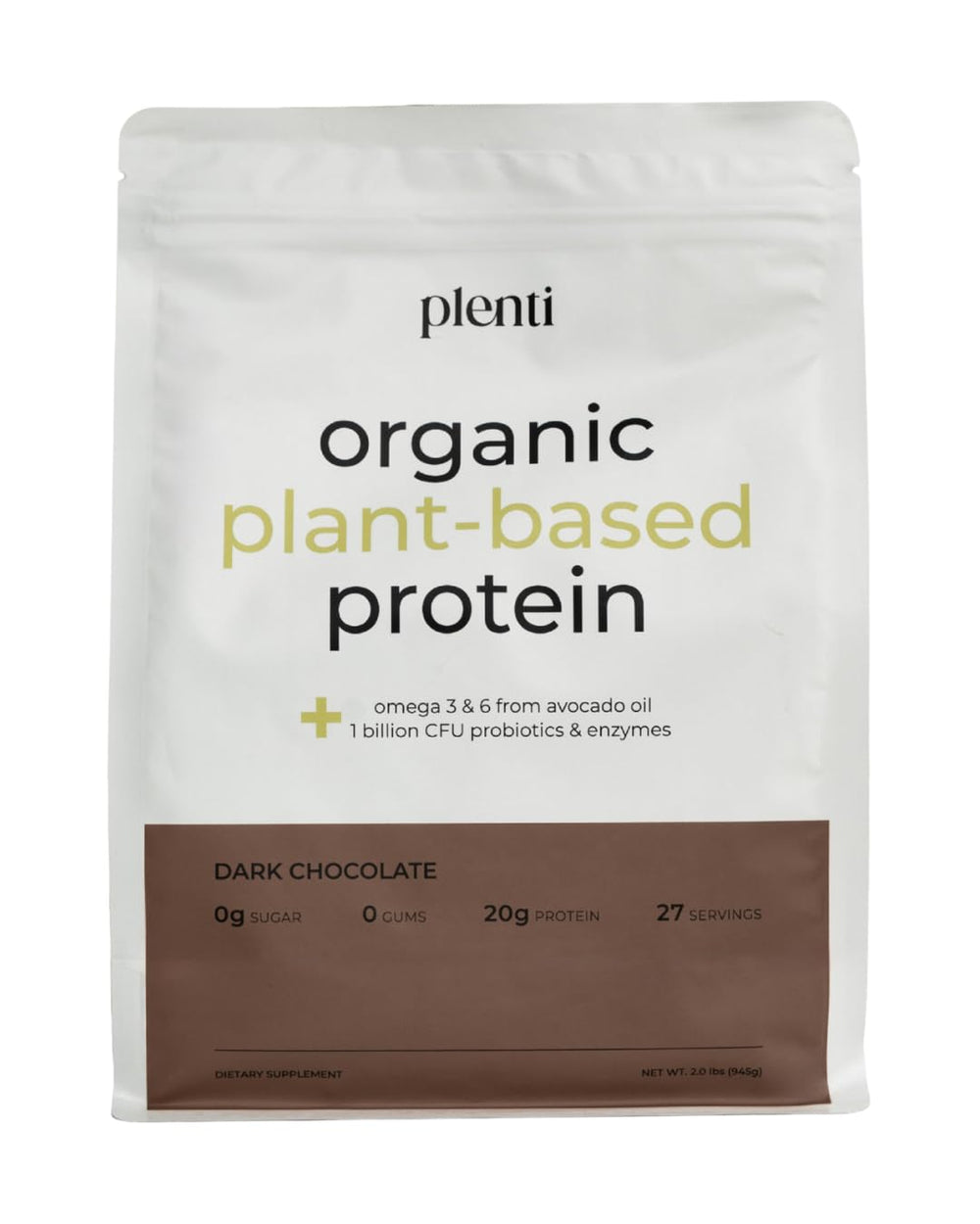 Front view of plenti Organic Plant-Based Protein Powder – Dark Chocolate (2 lb)