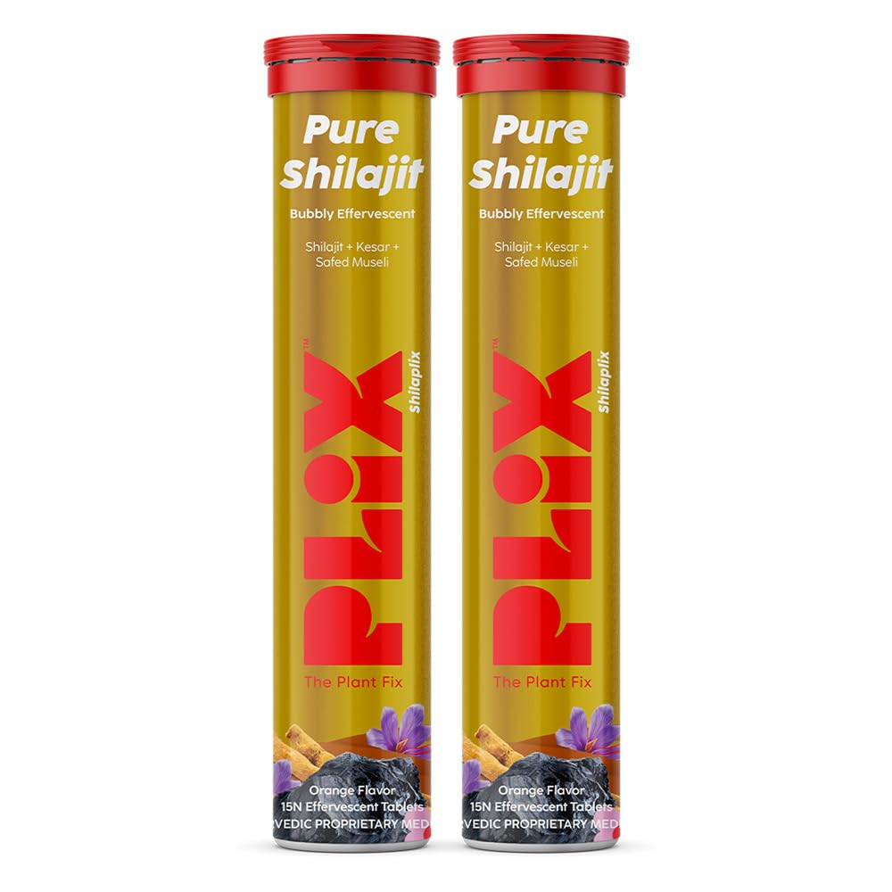 Front view of Plix Pure Himalayan Shilajit 250mg orange flavored effervescent tablet
