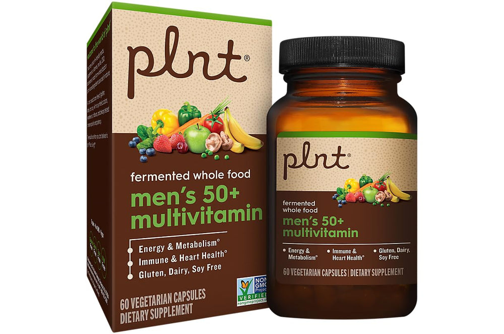 Front view of plnt Fermented Whole Food MenaTMs 50+ Multivitamin bottle