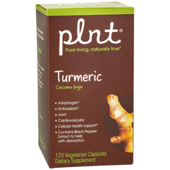 plnt Turmeric bottle label with 120 vegetarian capsules