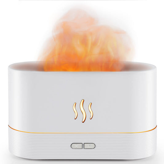 PLUWEL Flame Diffuser front view with calming glow and mist.