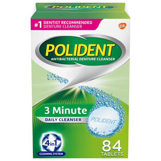 Polident 3 Minute Denture Cleanser box with 84-count tablets