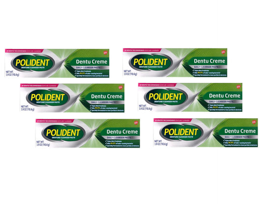 Polident Dentu-Creme 3.9oz tube in a six-pack display
