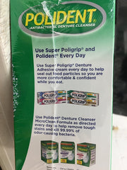 Denture cleanser box showing 96 tablets per box, pack of 2, Polident triple mint antibacterial formula