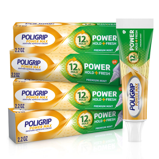 Poligrip Power Max Power Hold + Fresh Denture Cream four-pack front