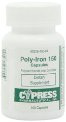 Front view of Poly Iron Capsules 150 mg bottle (100 capsules) by Cypress Pharmaceutical 185-01