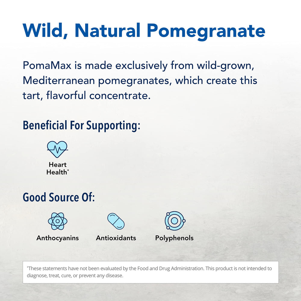 PomaMAX ingredients list showing natural, non-GMO pomegranate concentrate