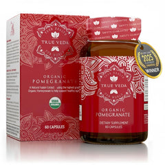 Pomegranate extract capsule bottle highlighting ellagic acid and punicalagins