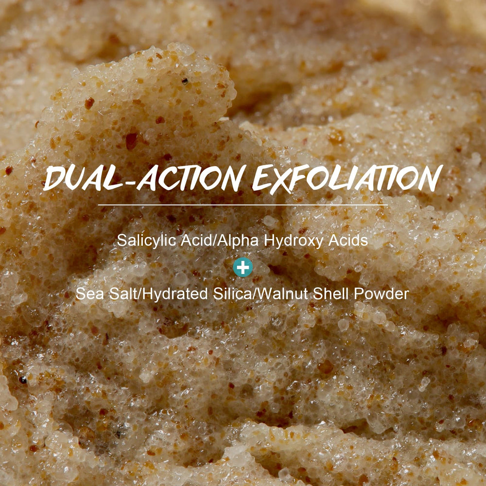 Macro shot of walnut-shell and silica granules in POP MODERN.C scrub.