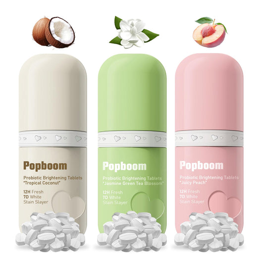 Popboom Probiotic Travel-Size Mouthwash Tablets packaging in Coconut, Green Tea & Peach