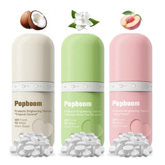 Popboom Probiotic Travel-Size Mouthwash Tablets packaging in Coconut, Green Tea & Peach