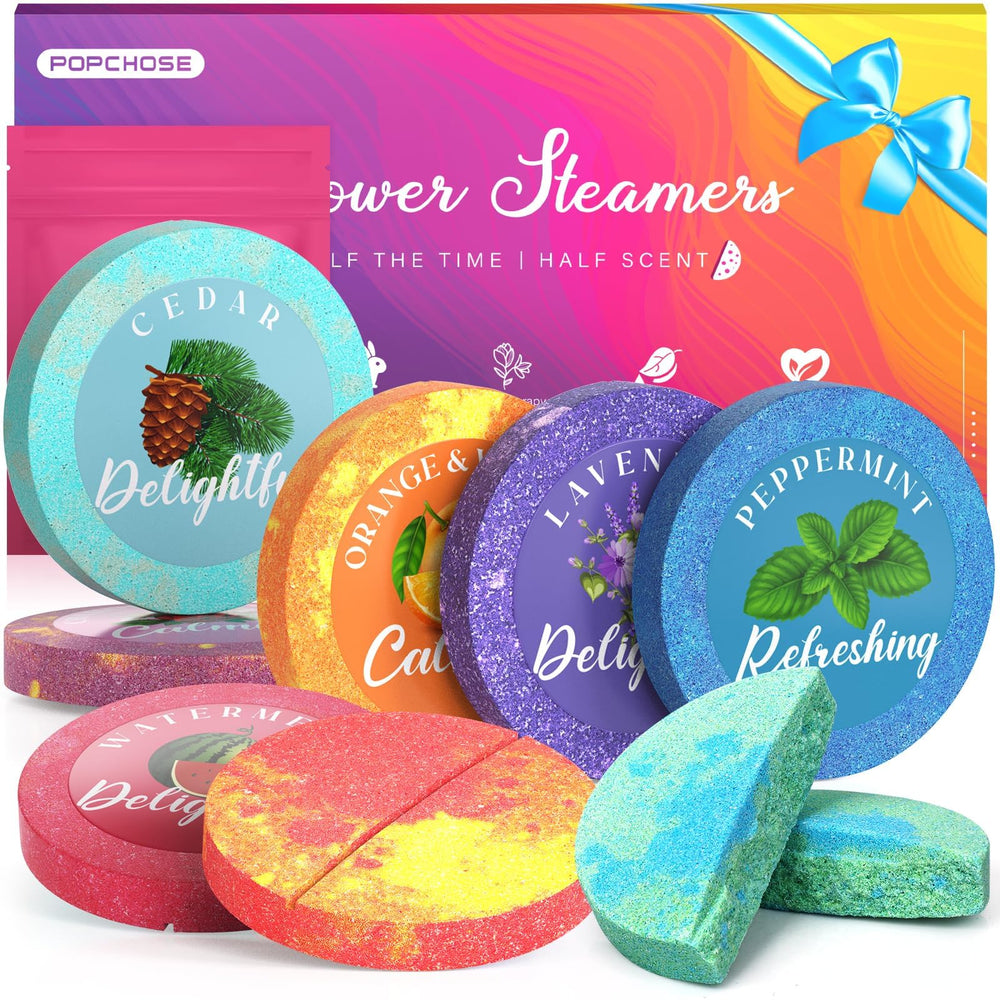 Bathroom spa scene with POPCHOSE steamers in a steam-filled shower.
