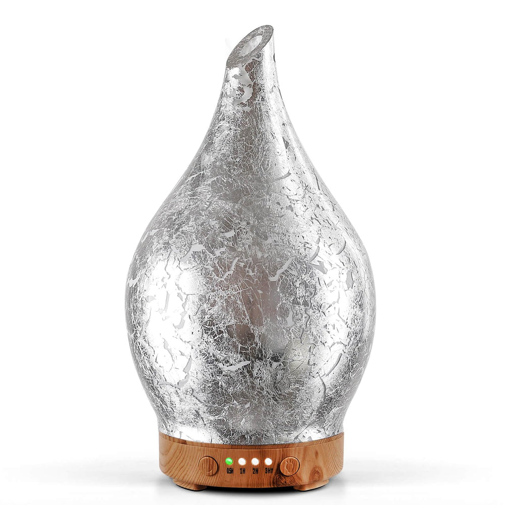 Porseme 150ml glass essential oil diffuser with silver-plated cap and wood base