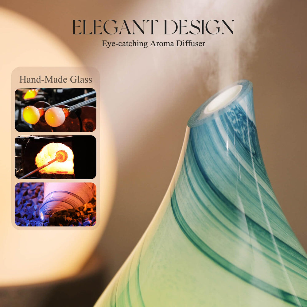 Diffuser placed in a bedroom with ambient lighting