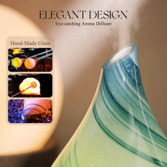 Diffuser placed in a bedroom with ambient lighting