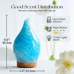 Handblown glass diffuser with starry pattern and wood grain base - Blue Wave