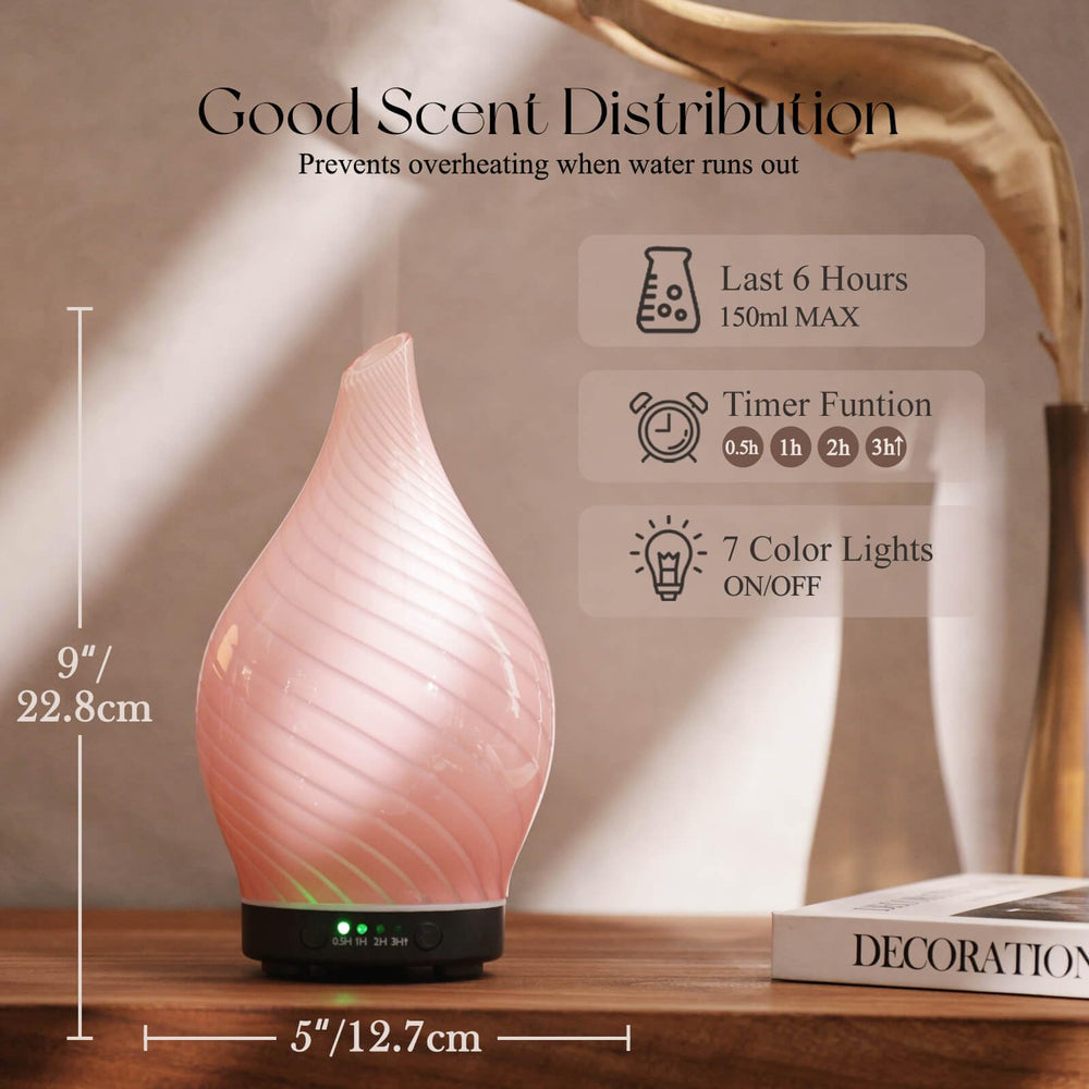 Close-up of Porseme diffuser glass with pink color and LED lighting