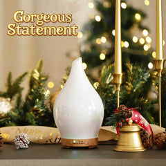 Hand blown glass diffuser with wood grain base close up
