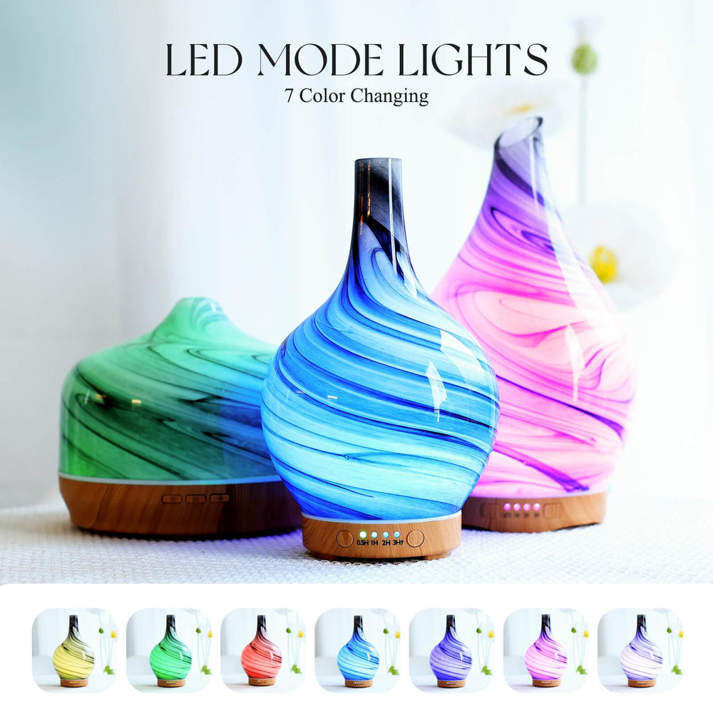 LED lights displaying seven color options on the diffuser