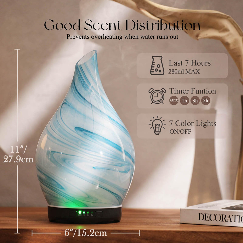 Wood grain base and blue ink glass diffuser