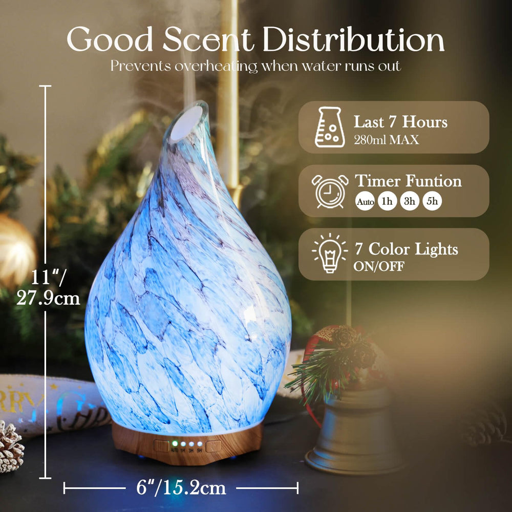 Diffuser displaying seven color-changing LED lights