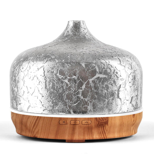 Porseme 500ml essential oil diffuser with silver plated glass cover and wood-grain base