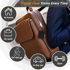 Portable glasses cleaner pouch with clip attached to bag or jacket