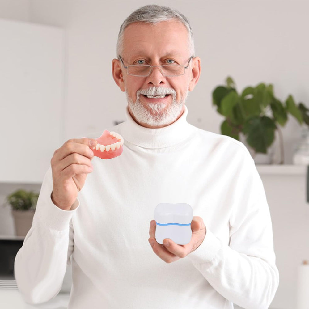 Portable denture retainer storage box for home or travel