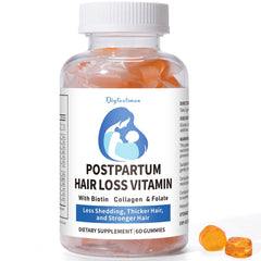 Bottle of Postpartum Hair Loss Vitamin gummies showing vegan, breastfeeding-friendly formula