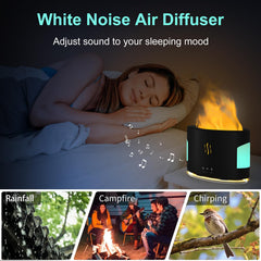 White POSVIU oil diffuser with flame mist, side view