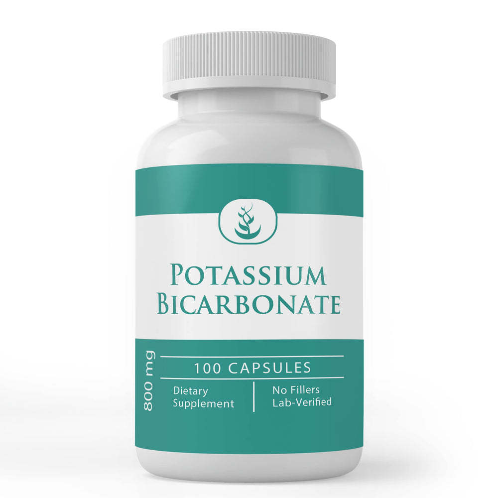 Front view of 100-count potassium bicarbonate capsules