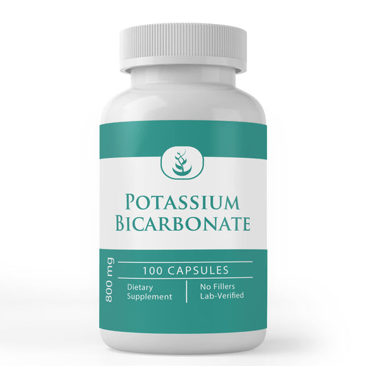 Front view of 100-count potassium bicarbonate capsules