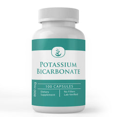 Front view of 100-count potassium bicarbonate capsules