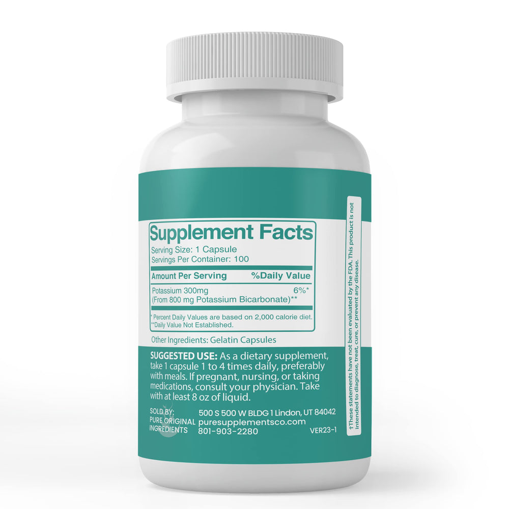 Packaging showing 'Packaged in Utah, USA' for potassium bicarbonate capsules