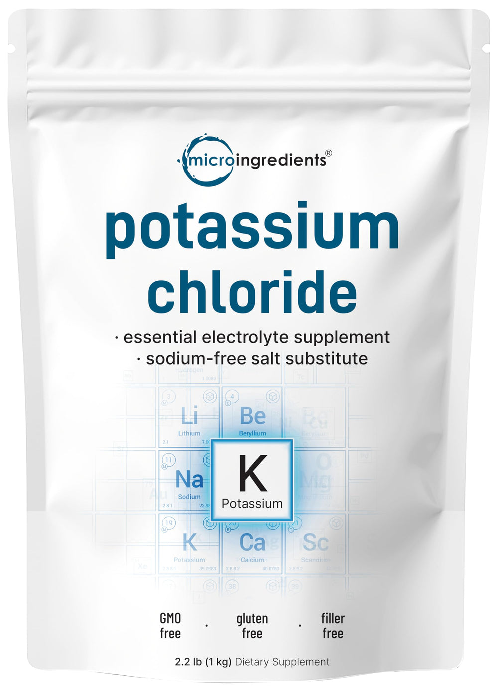 Front view of potassium chloride powder 1 kg