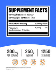 Front label of Potassium Chloride Powder showing 250 g