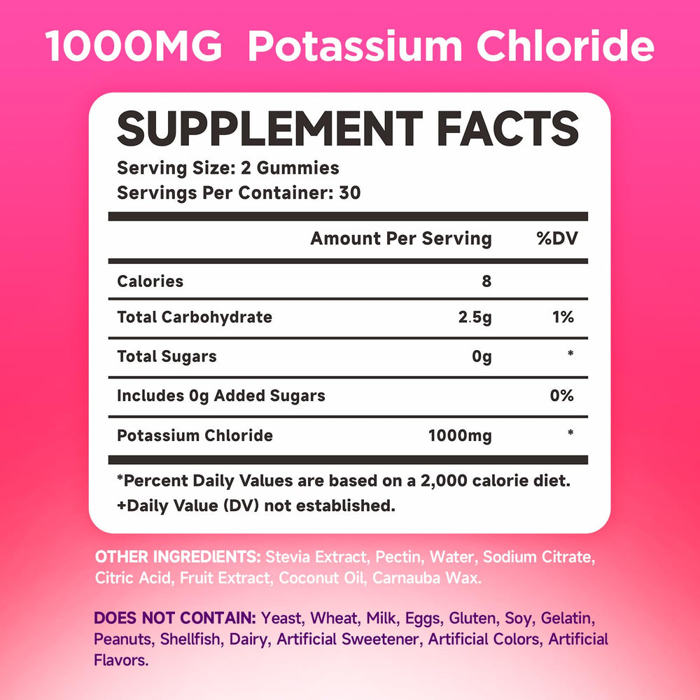Bottle of potassium gummies raspberry flavor with a side view