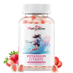 Potassium Gummies strawberry flavor bottle on white