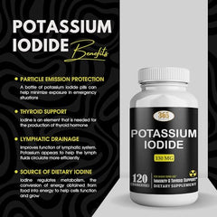 Close-up of 130 mg KI tablets bottle label
