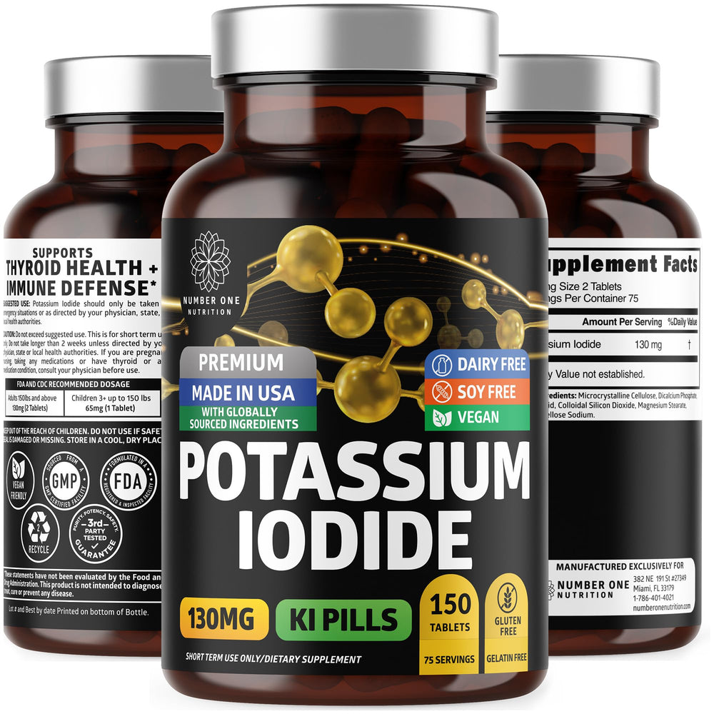 Front view of the bottle containing potassium iodide tablets, 130 mg per serving, 150-count