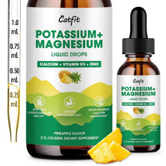 Bottle of potassium magnesium glycinate liquid drops with pineapple flavor, 2 oz