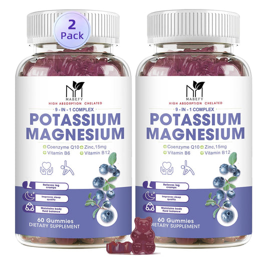 Two-pack bottle of potassium magnesium gummies with label