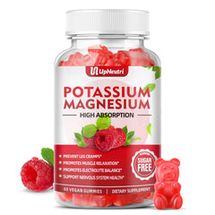 Potassium Magnesium Gummies bottle front label with raspberry flavor