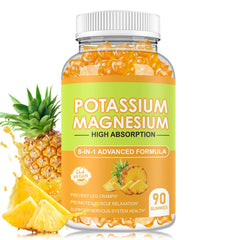 Potassium Magnesium Gummies bottle with label showing high absorption magnesium citrate B6 and D3