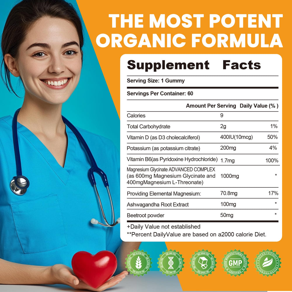 Front view of supplement facts highlighting 1000 mg magnesium glycinate and 200 mg potassium citrate